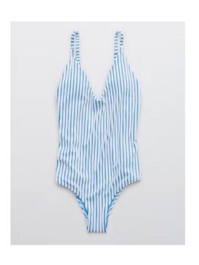 Aerie Blue and White Stripe One Piece Cheeky Swimsuit Size Small